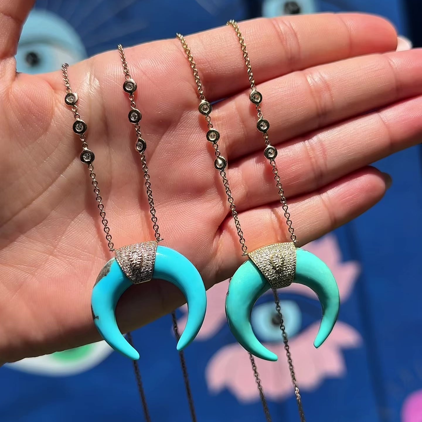 Turquoise Double Horn Necklace with Pavé Teardrop Center set in Rose Gold