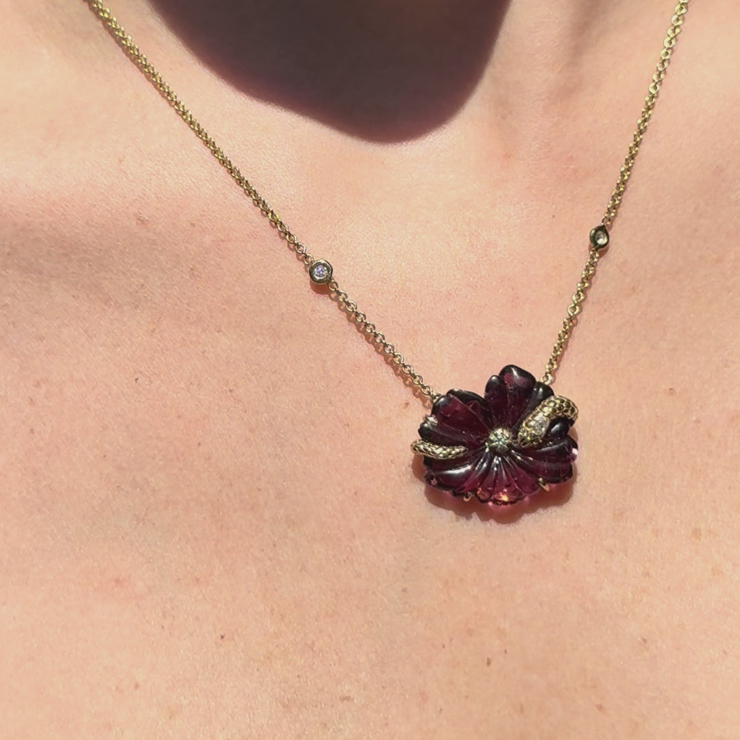 Pink Tourmaline Flower Necklace with Marquise Diamond Coiled Snake