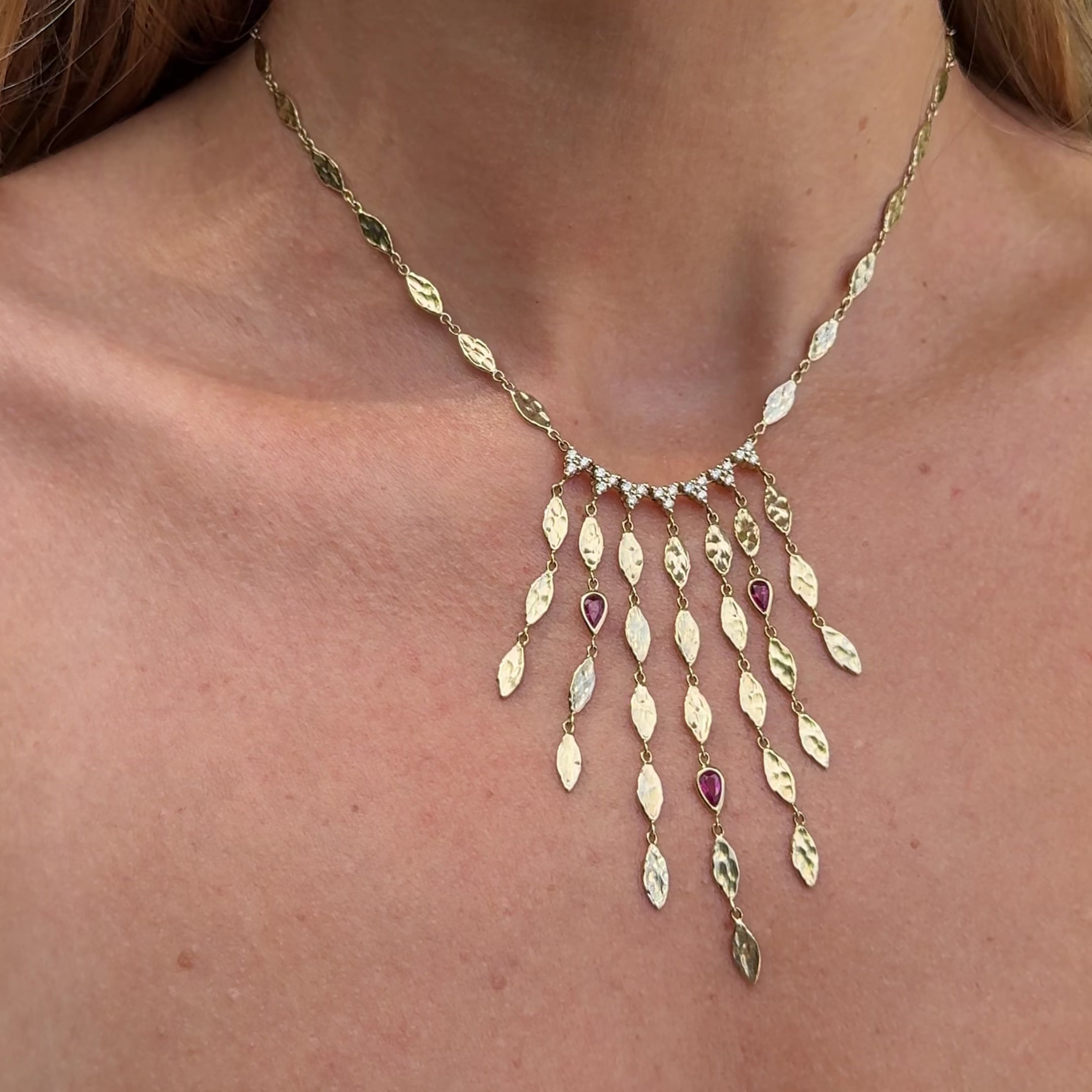Lizzie Diamond Hammered Marquise Ruby Shower Necklace