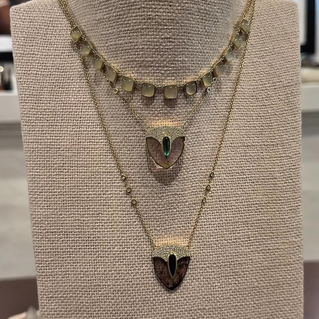 Pavé Teardrop Dark Green Tourmaline Cap + Watermelon Tourmaline Slice Pick Necklace