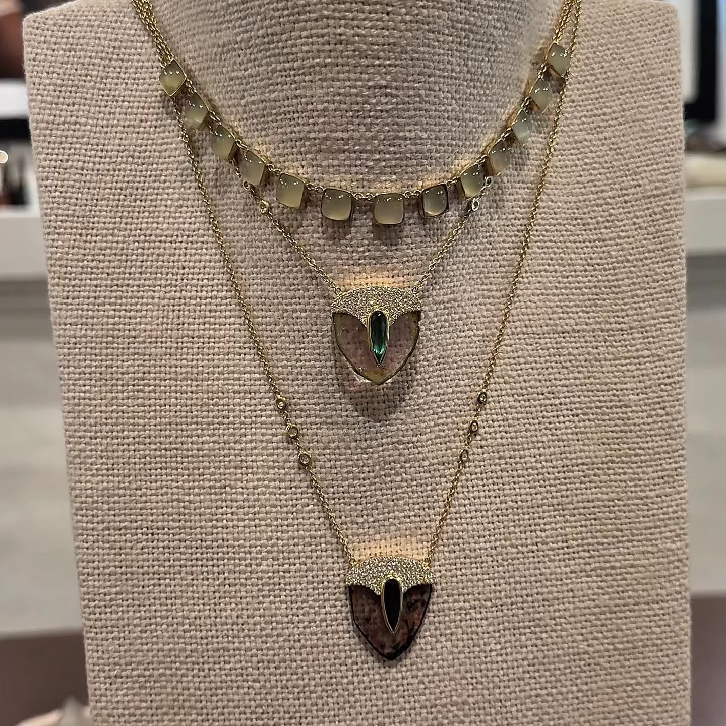 Pavé Teardrop Dark Green Tourmaline Cap + Watermelon Tourmaline Slice Pick Necklace