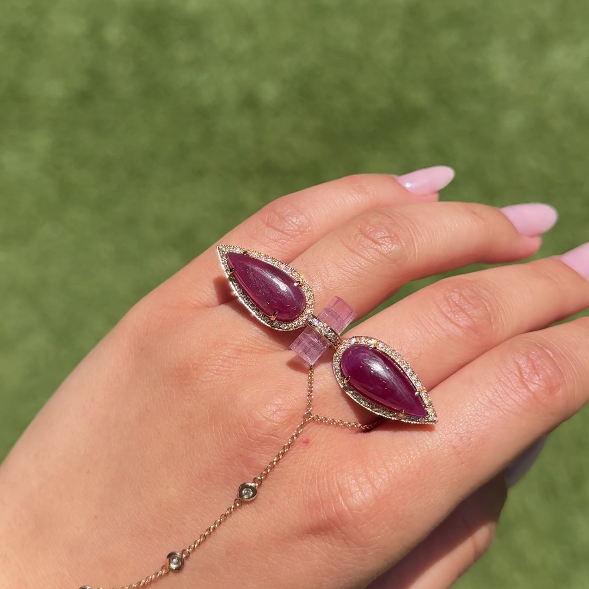 Double Pink Tourmaline Teardrop Pink Tourmaline Knuckle Ring