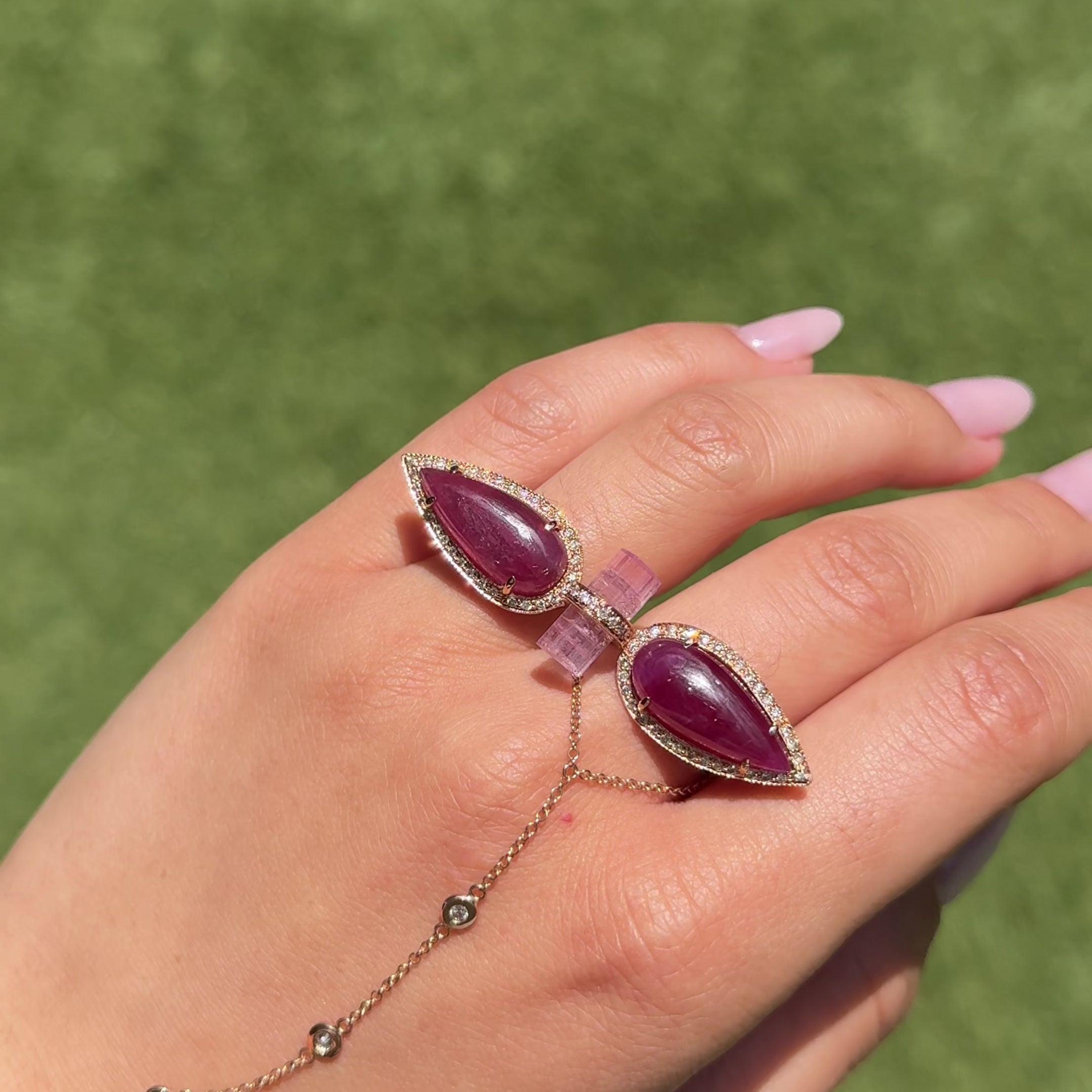 Double Pink Tourmaline Teardrop Pink Tourmaline Knuckle Ring