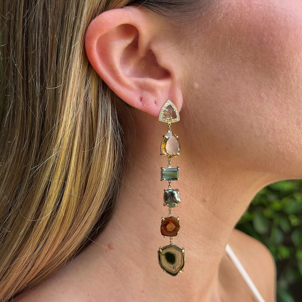 Pave Tourmaline Trillion + Tourmaline and Black Pearl Drop Earrings