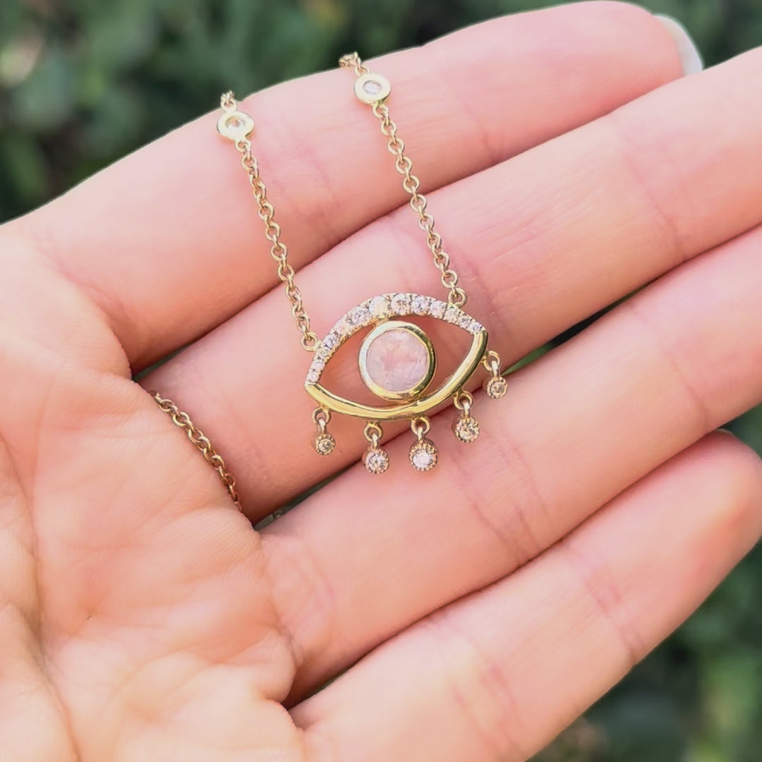 Pave Diamond Open Eye Moonstone Shaker Necklace