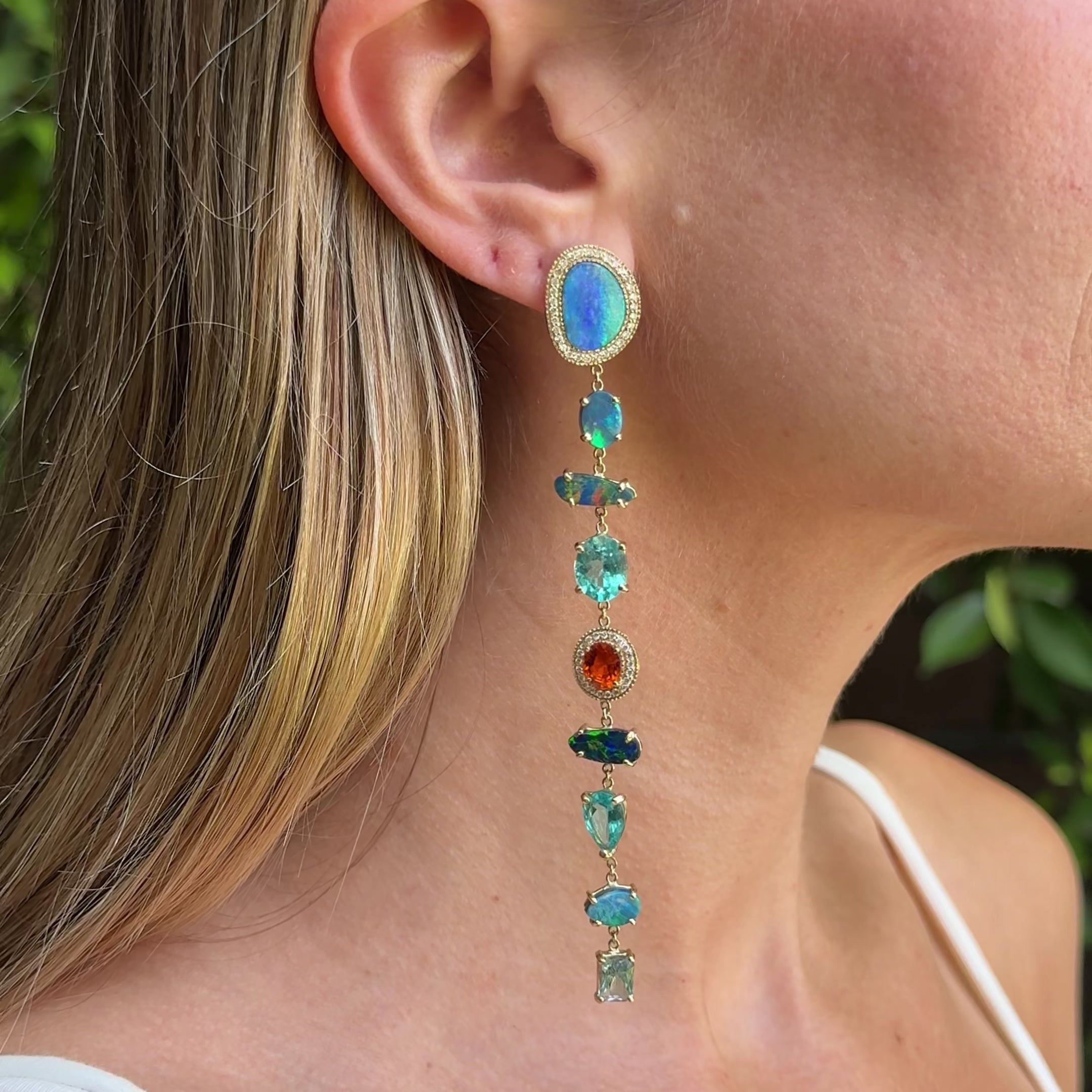 Long Pave Multi Gemstone Drop Earrings