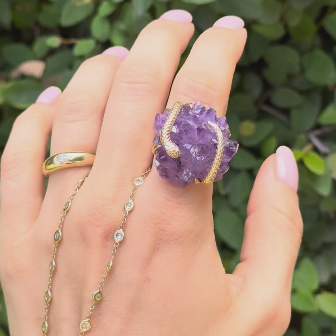 Marquise Diamond Textured Wrapped Snake Amethyst Cluster Ring