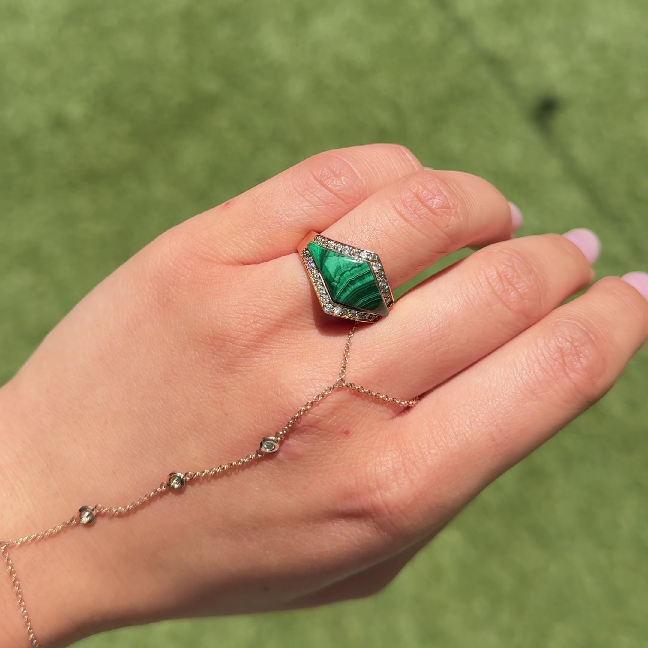 Pave Diamond Malachite Inlay V Ring