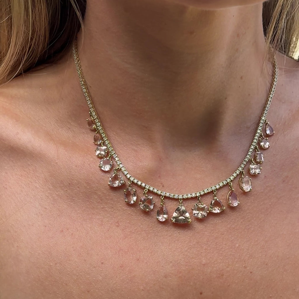 Multi Shape Morganite + Twiggy Diamond Shaker Tennis Necklace