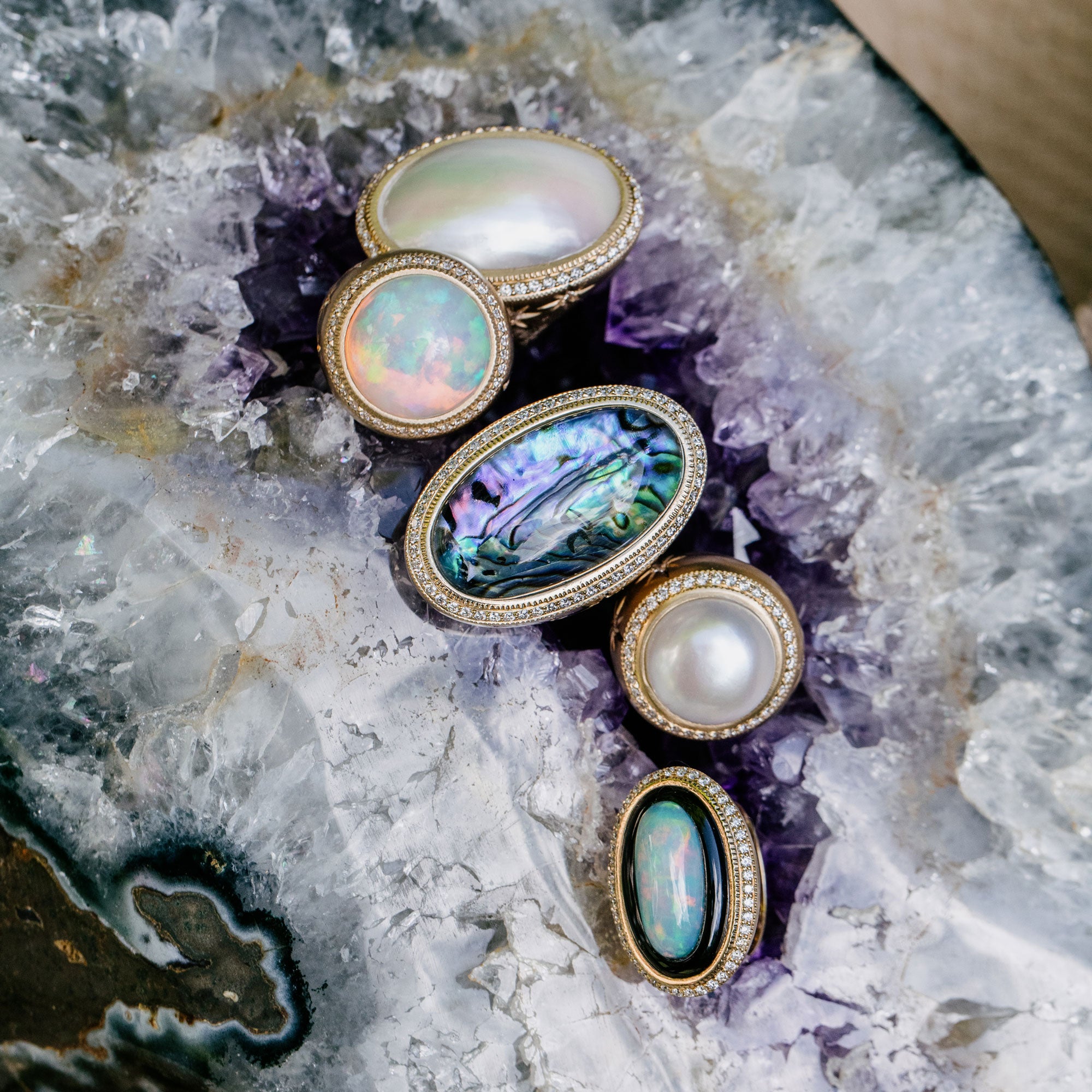 Pave Round Opal Starburst Ring