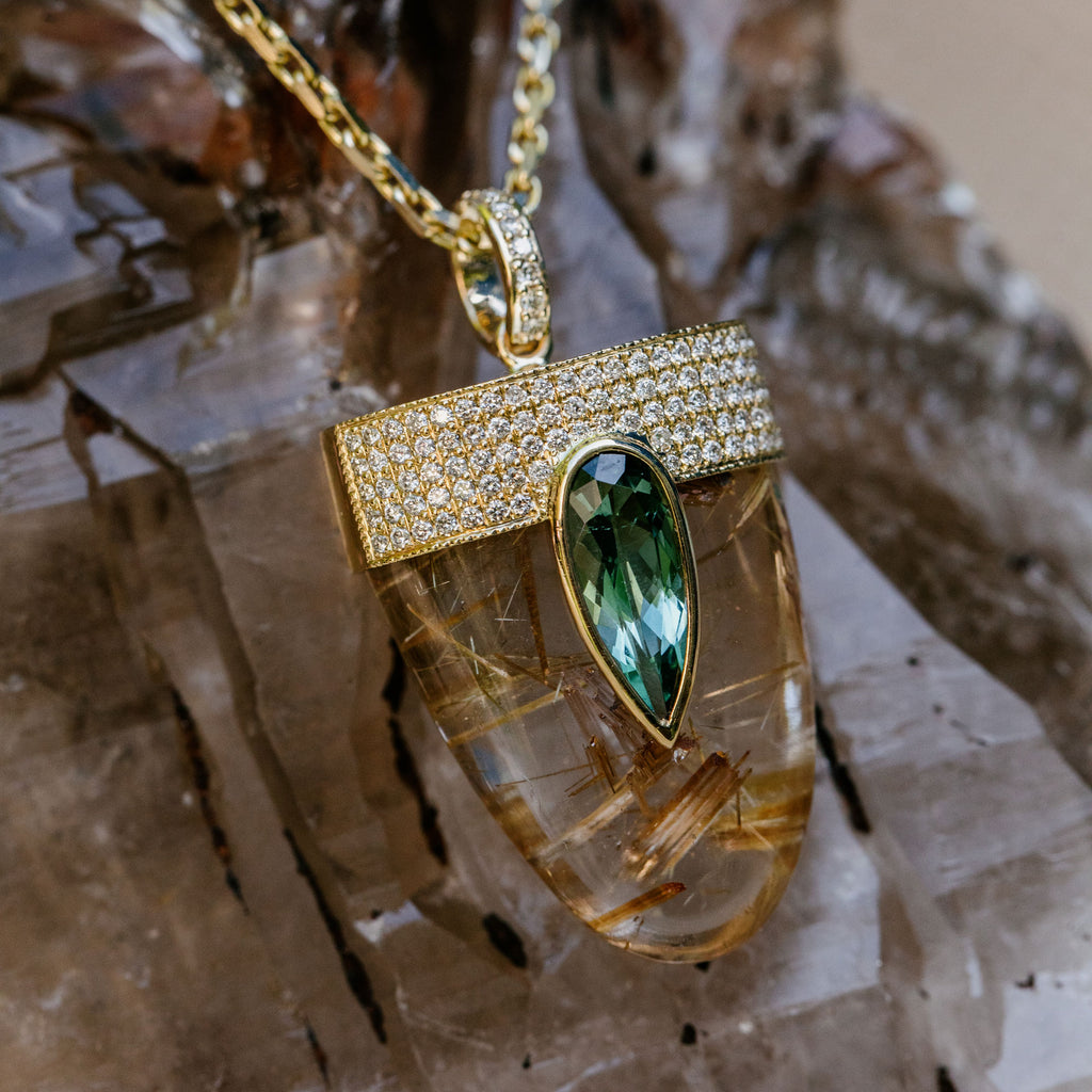PAVE GREEN TOURMALINE TEARDROP CAP + RUTILATED QUARTZ CHARM