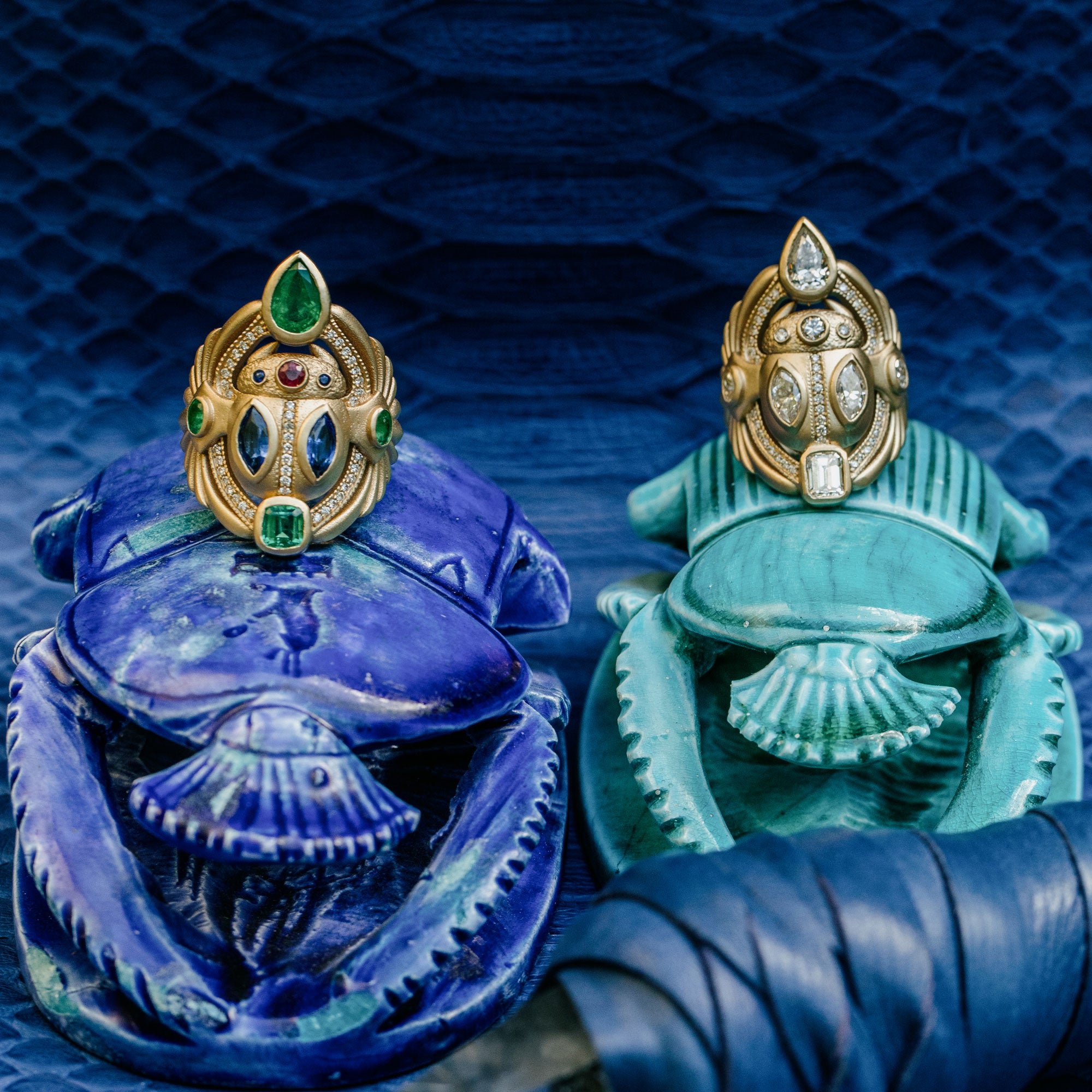 Large Pave Emerald, Sapphire, Ruby Scarab Ring