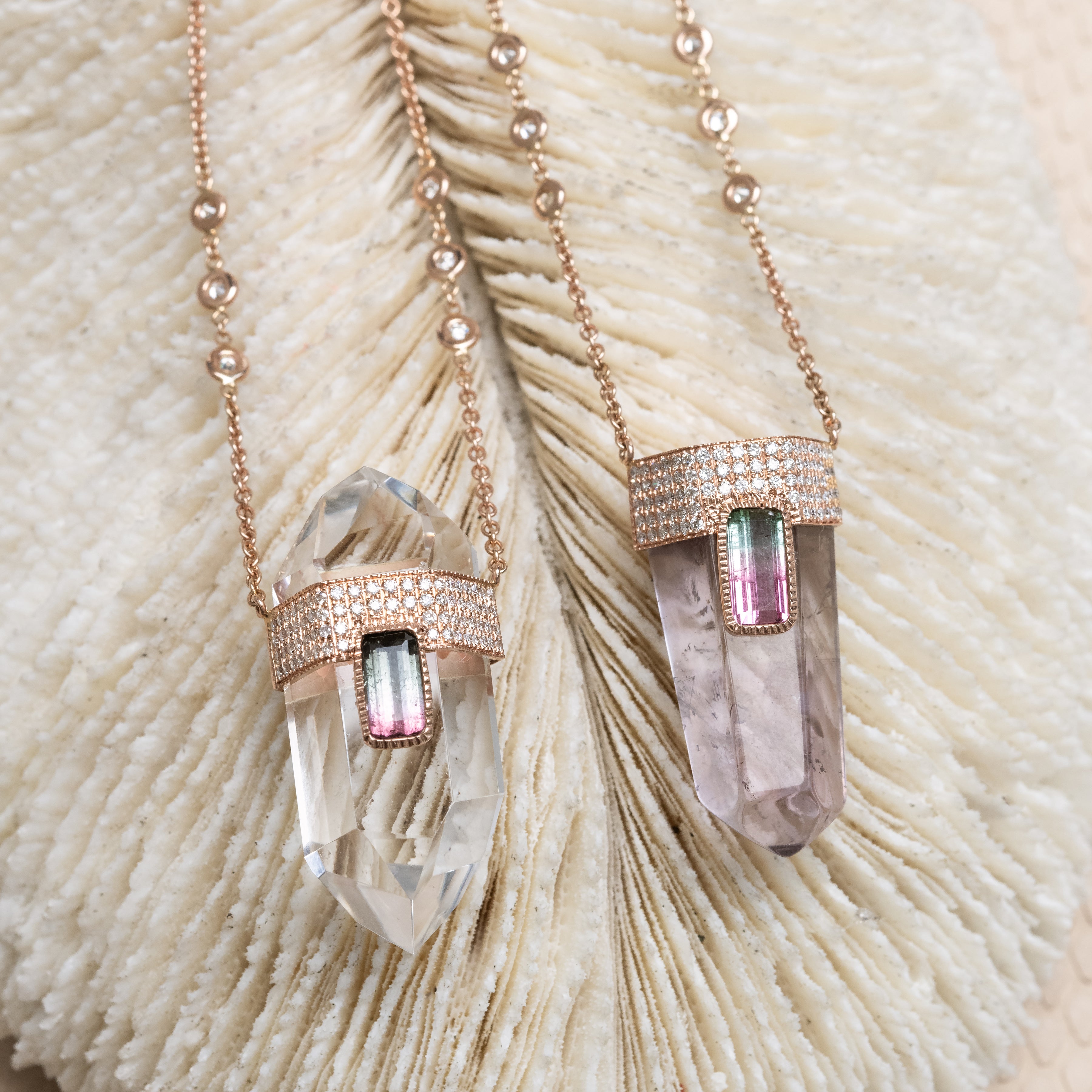 PAVE TOURMALINE CAP + CLEAR QUARTZ CRYSTAL NECKLACE