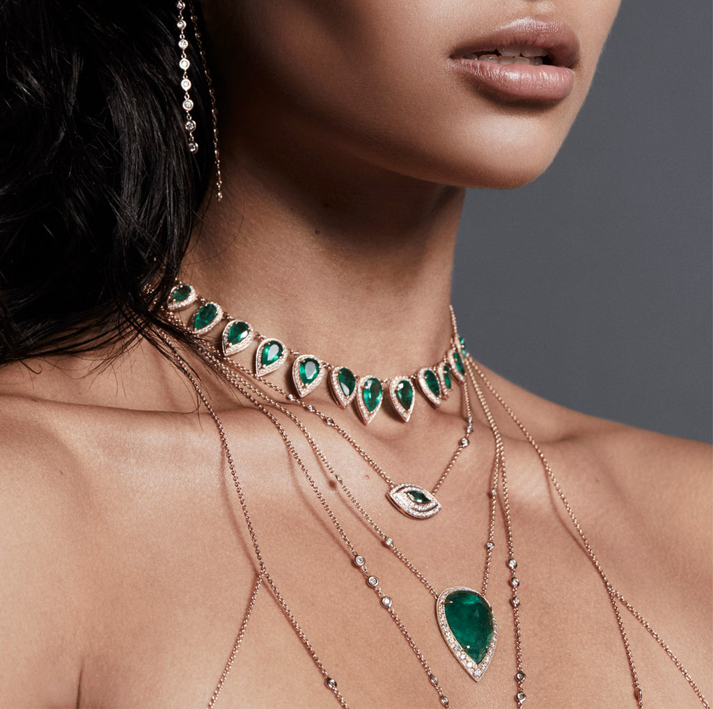 Emerald Marquise Pave Double Halo Eye Necklace
