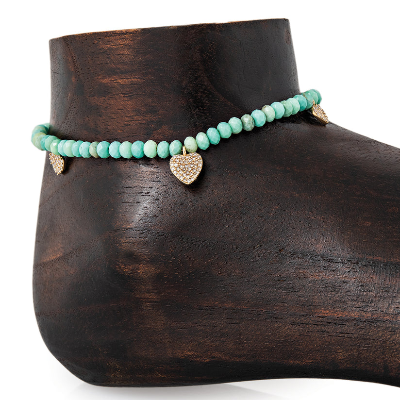 3 GRADUATED PAVE HEART BEADED FACETED CHRYSOPRASE ANKLET