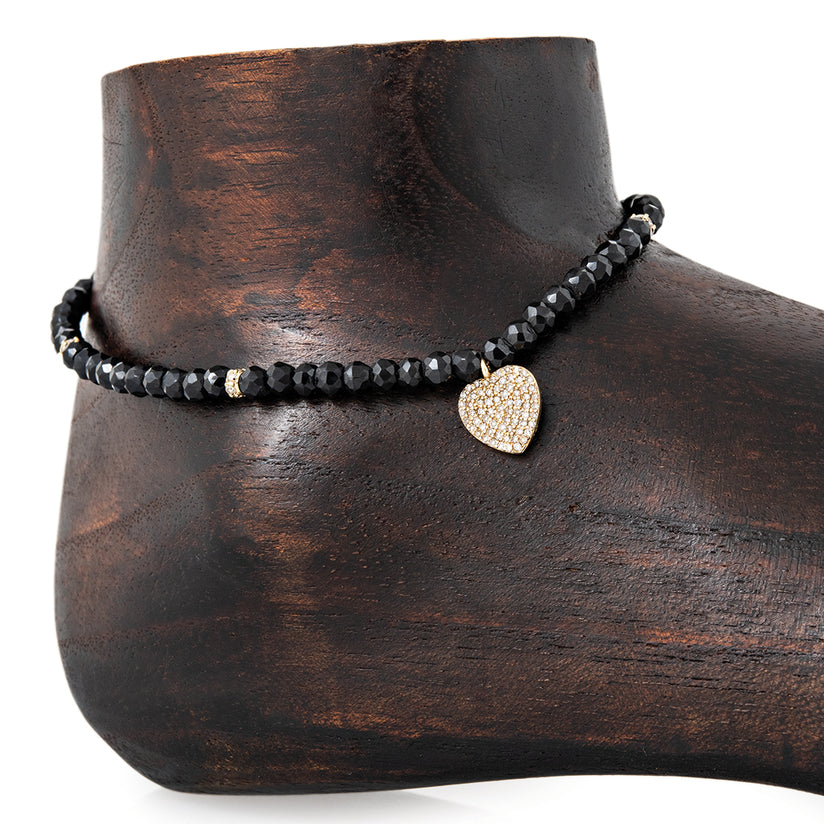 PAVE HEART, 4 PAVE RONDELLE, FACETED BEADED ONYX ANKLET