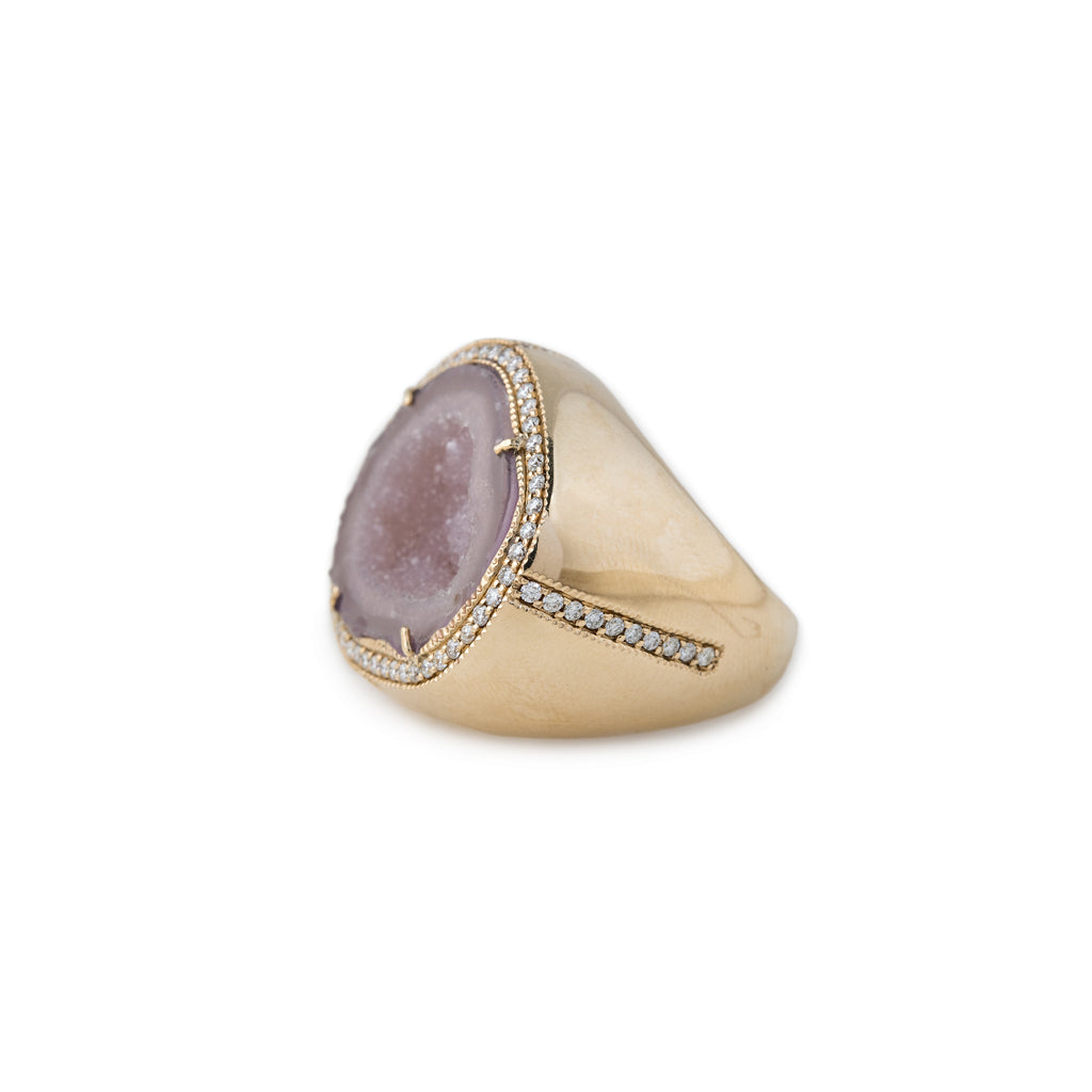 PAVE DIAMOND LIGHT PINK PURPLE GEODE DRUZY SIGNET RING