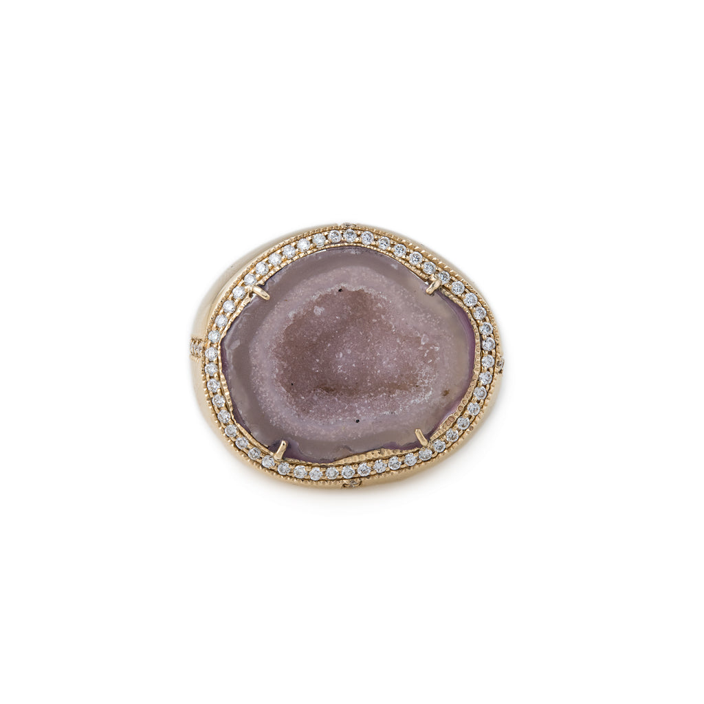 PAVE DIAMOND LIGHT PINK PURPLE GEODE DRUZY SIGNET RING