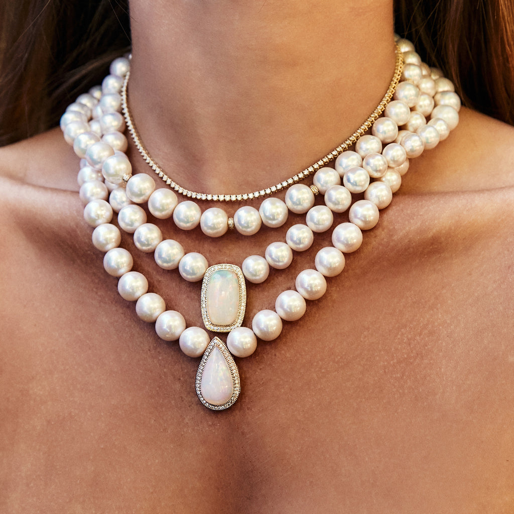 Pavé Opal Teardrop Center Freshwater Pearl Beaded Necklace