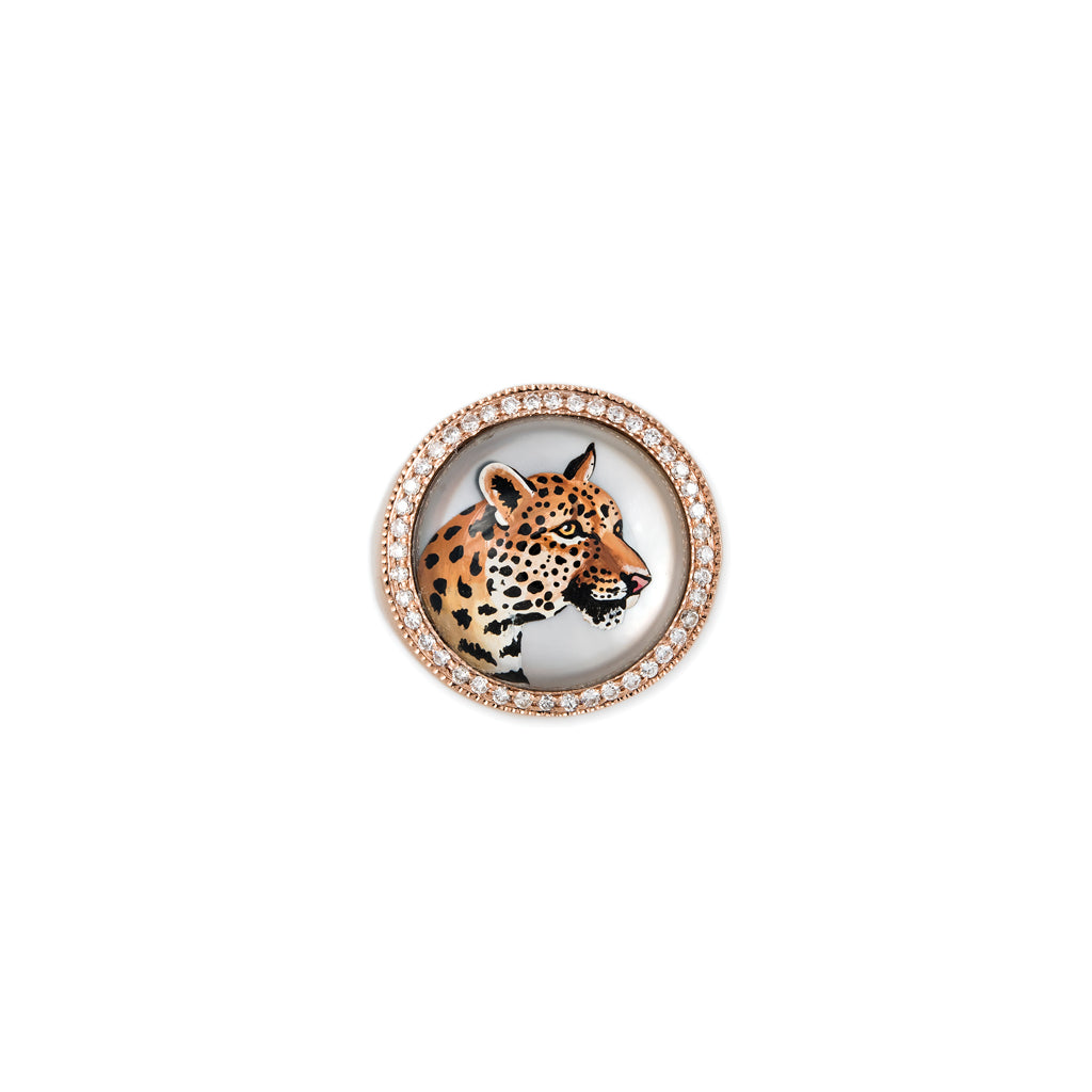 Pave Diamond Leopard Mother of Pearl Signet Ring