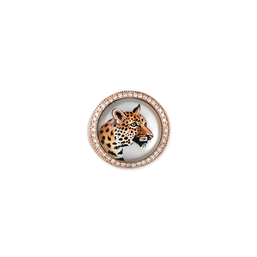 PAVE DIAMOND LEOPARD MOTHER OF PEARL SIGNET RING