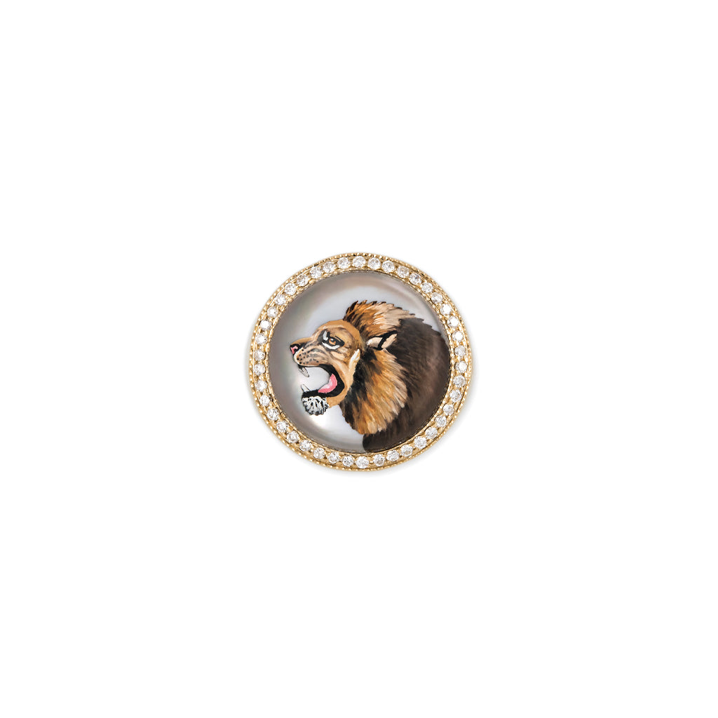 Pave Diamond Lion Mother of Pearl Signet Ring