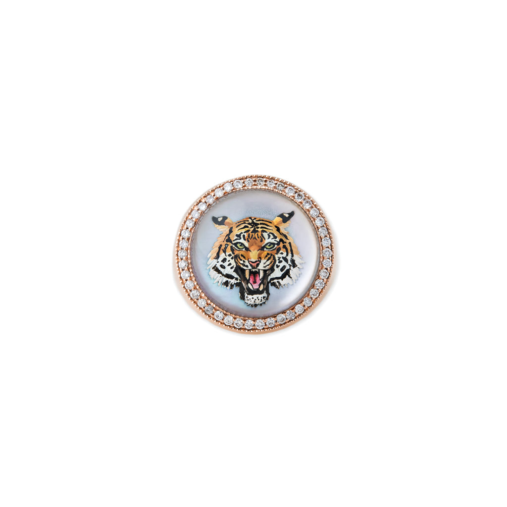 PAVE DIAMOND TIGER MOTHER OF PEARL SIGNET RING
