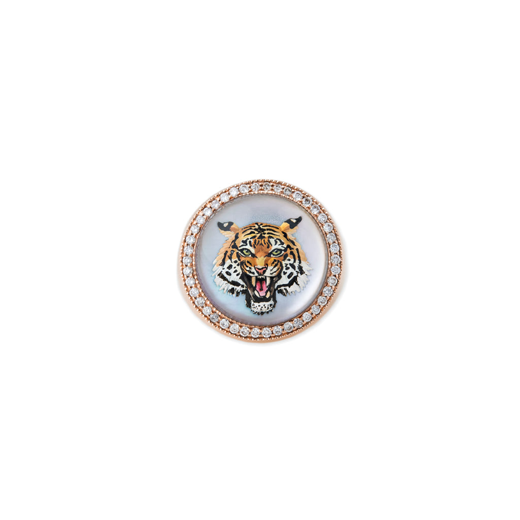 Pave Diamond Tiger Mother of Pearl Signet Ring