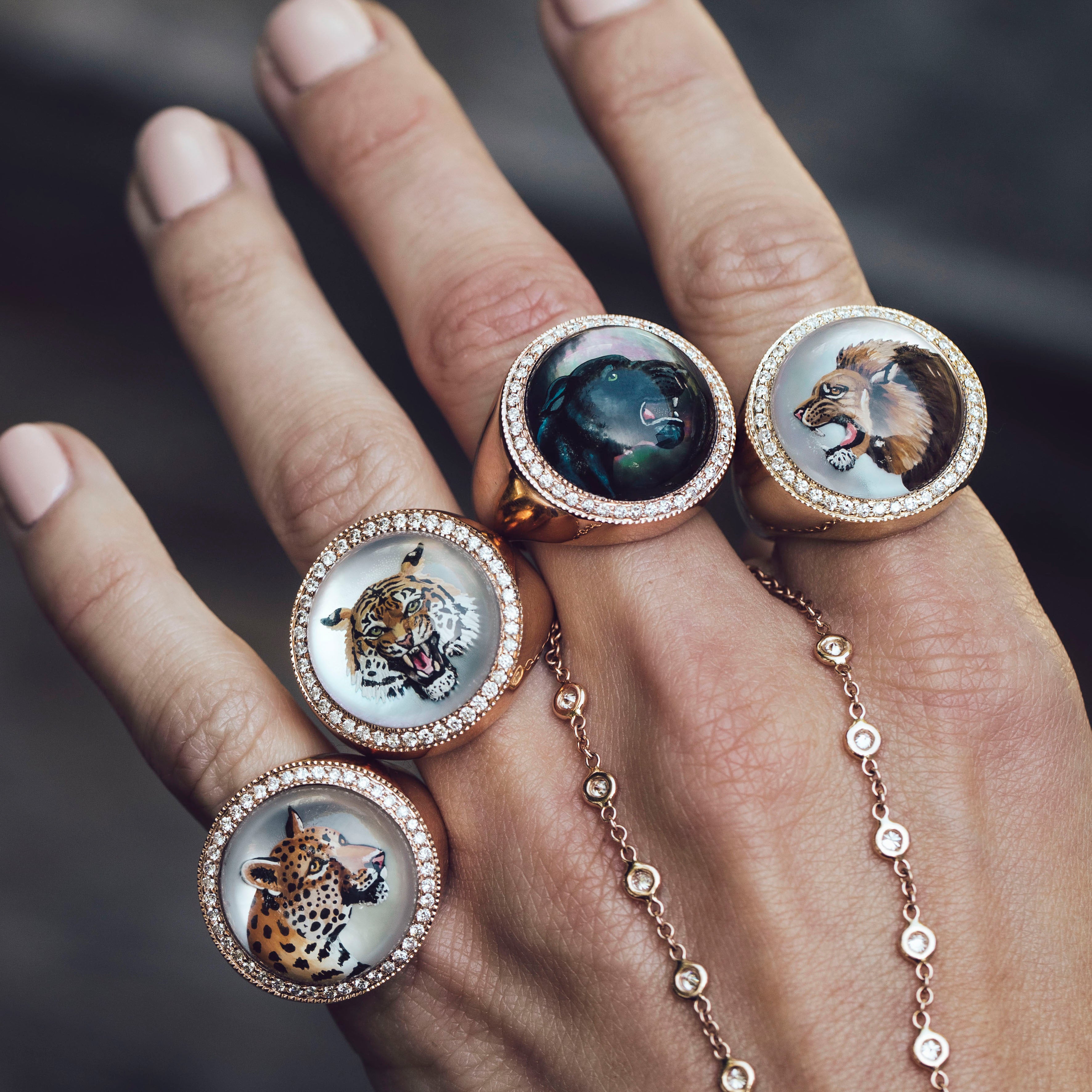 Pave Diamond Lion Mother of Pearl Signet Ring