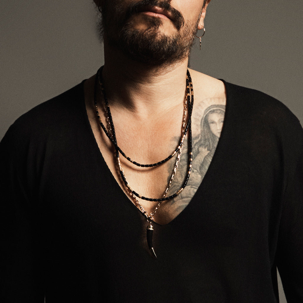 24 GOLD BEADS + ONYX TUBE BEADED NECKLACE