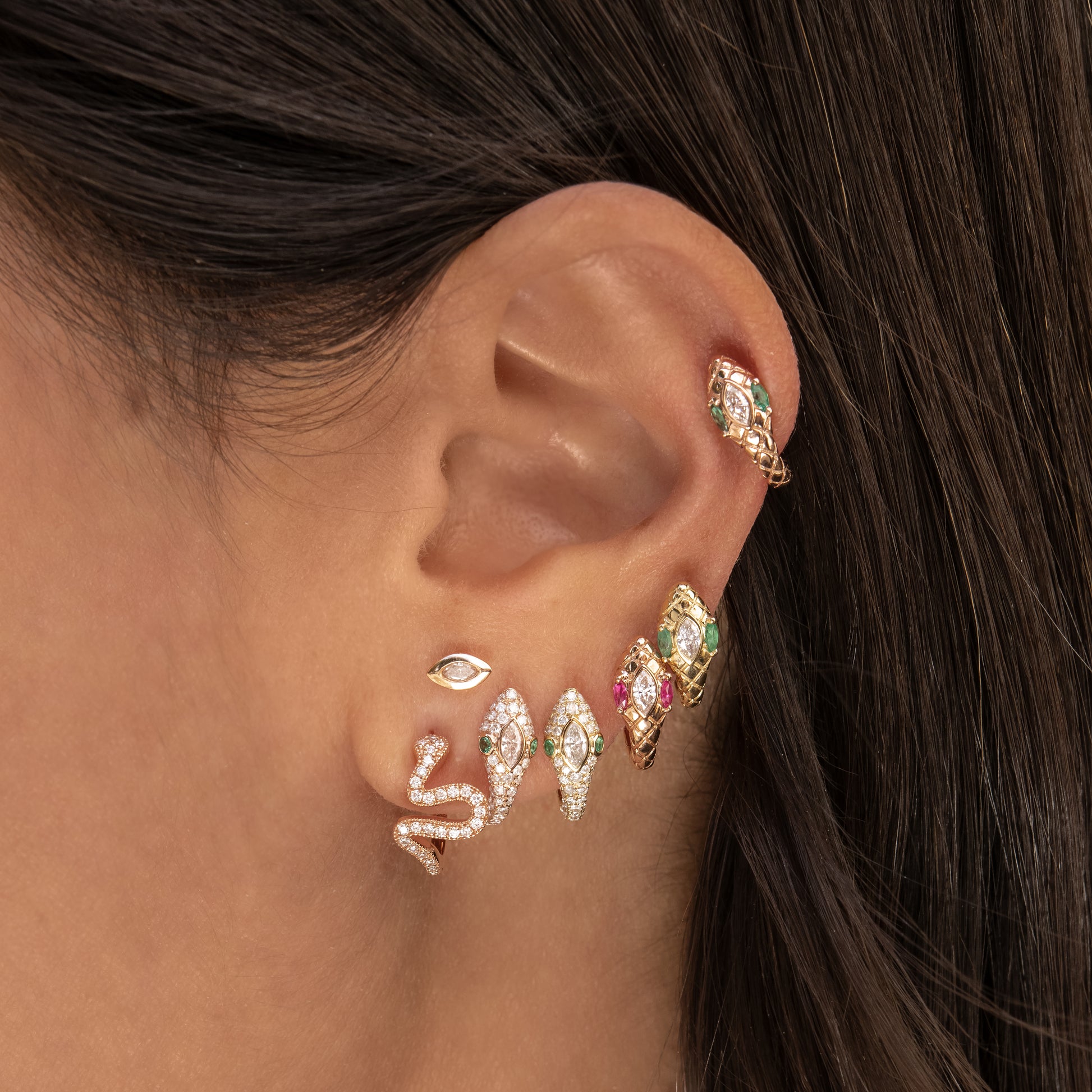 Emerald Eyes Marquise Diamond Head Snake Mini Hoop