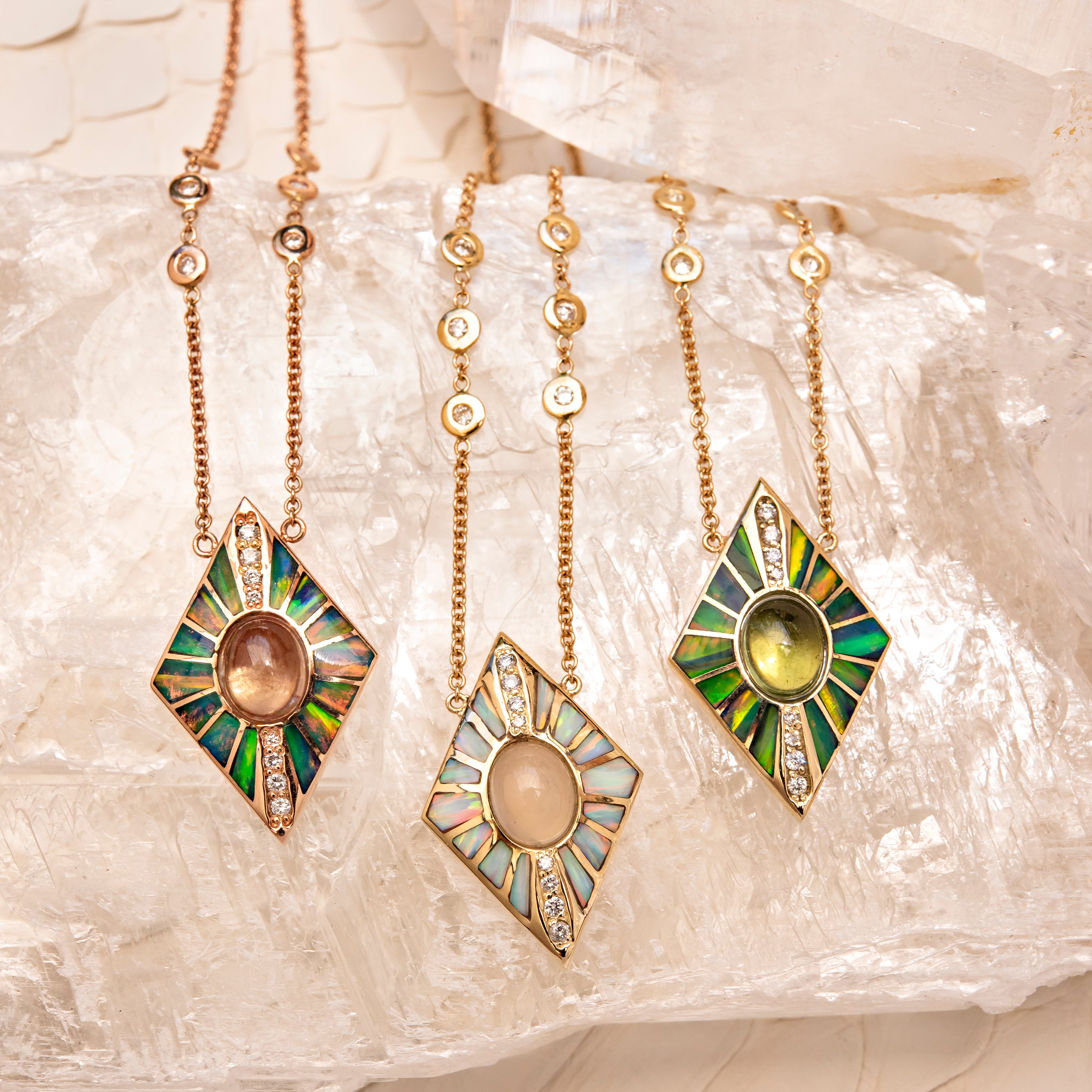 Pave Moonstone + White Opal Inlay Kite Necklace