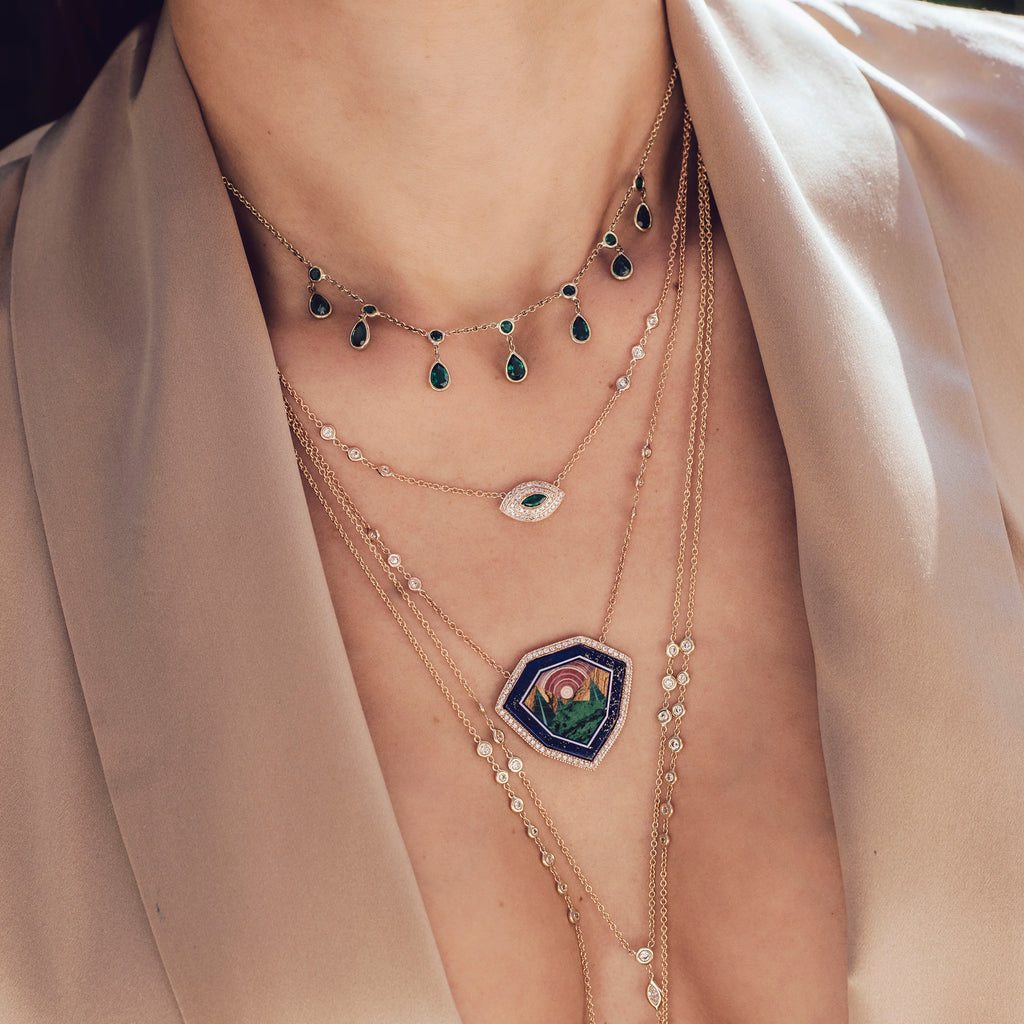 Emerald Marquise Pave Double Halo Eye Necklace