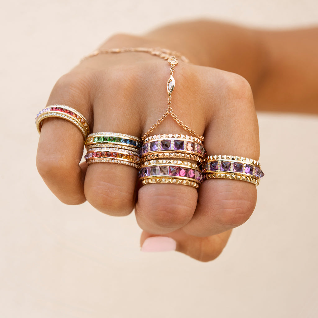 Thin Pave Diamond Rainbow Sapphire Spike Spinner RIng