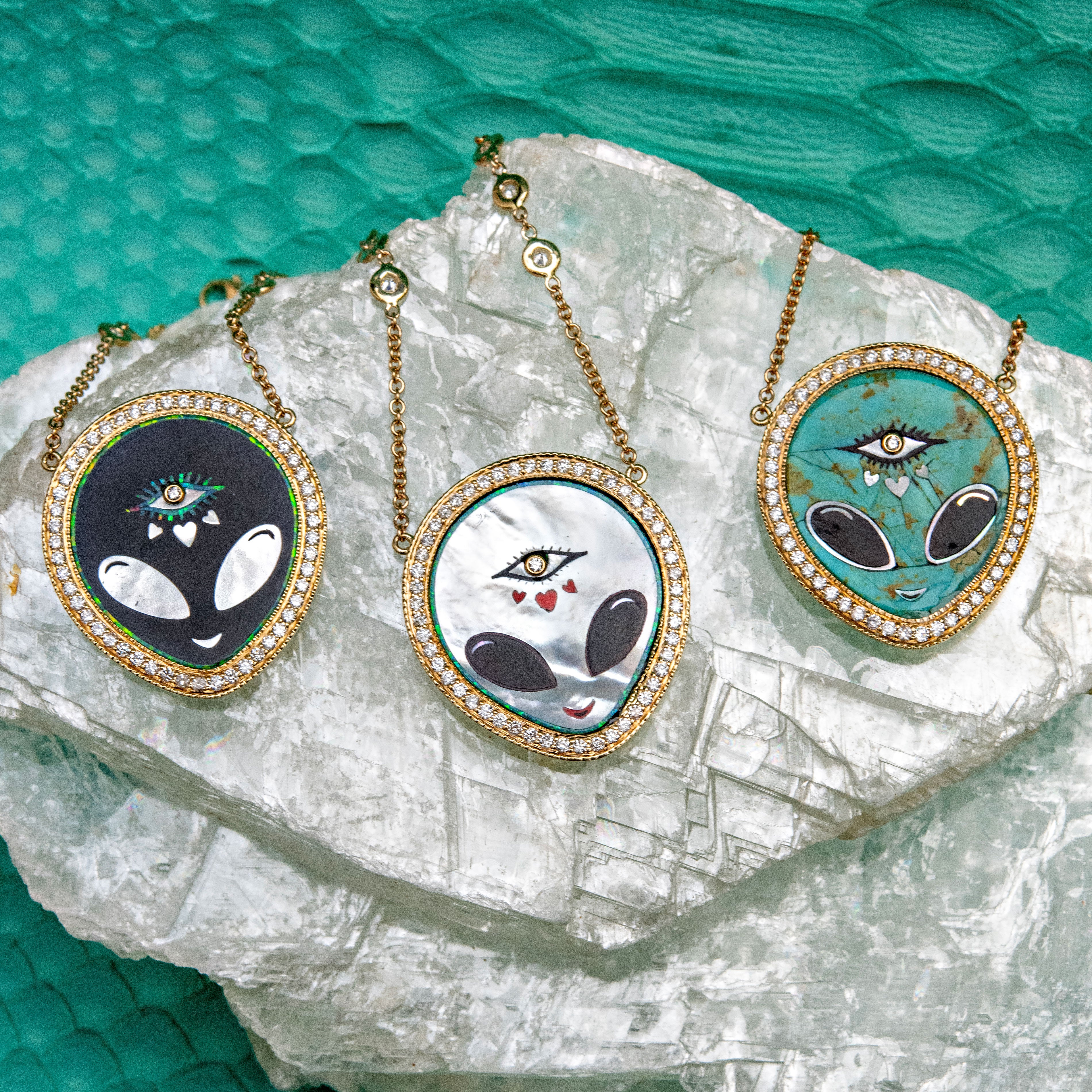 Pave Onyx + Pearl Alien Heart Eye Inlay Necklace