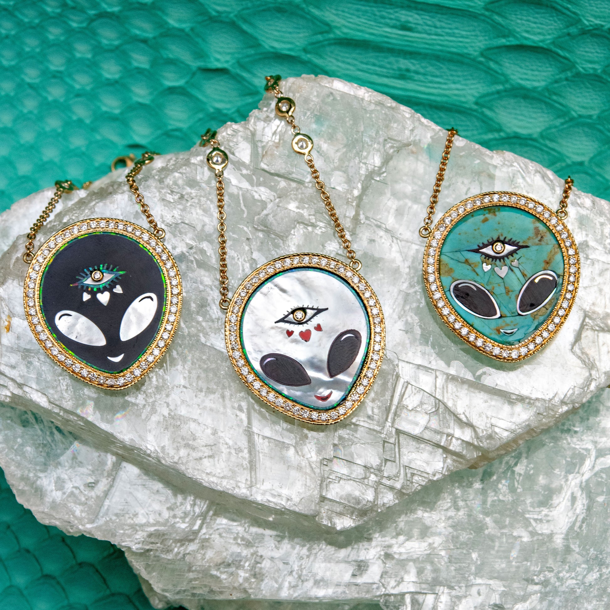 PAVE PEARL + ONYX ALIEN HEART EYE INLAY NECKLACE