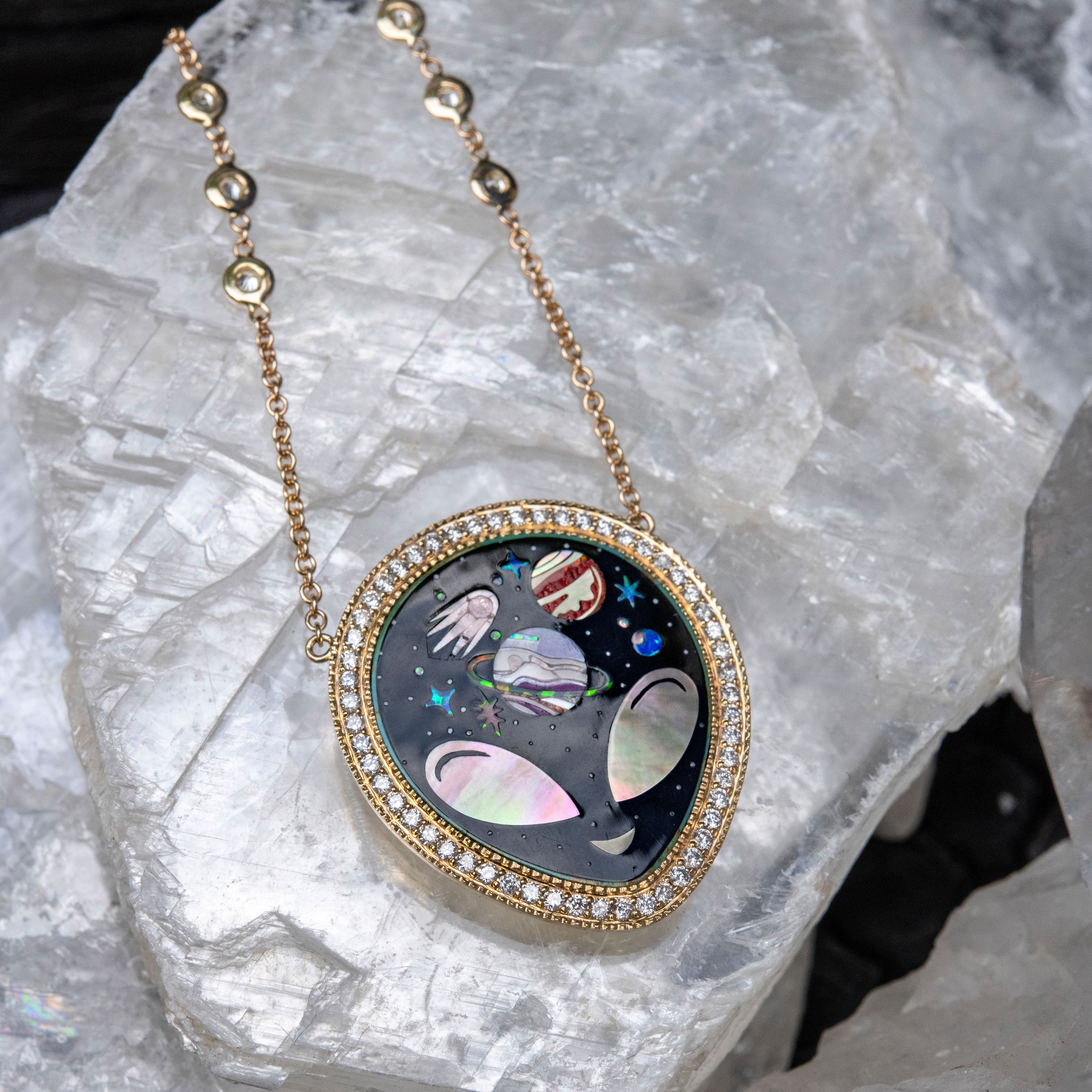 Pave Onyx + Pearl Alien Galaxy Inlay Necklace
