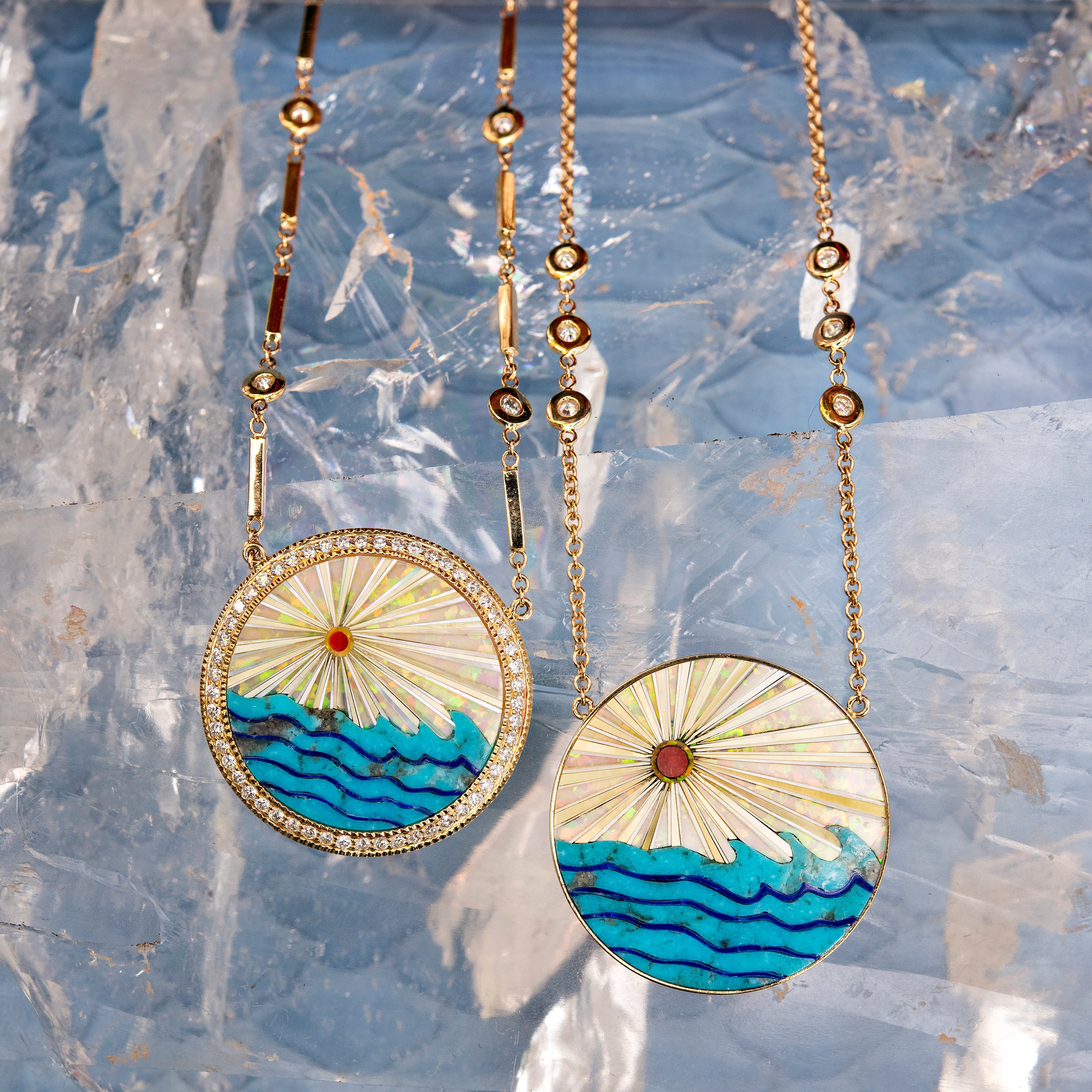 Round Opal Rays + Turquoise Waves Inlay Necklace