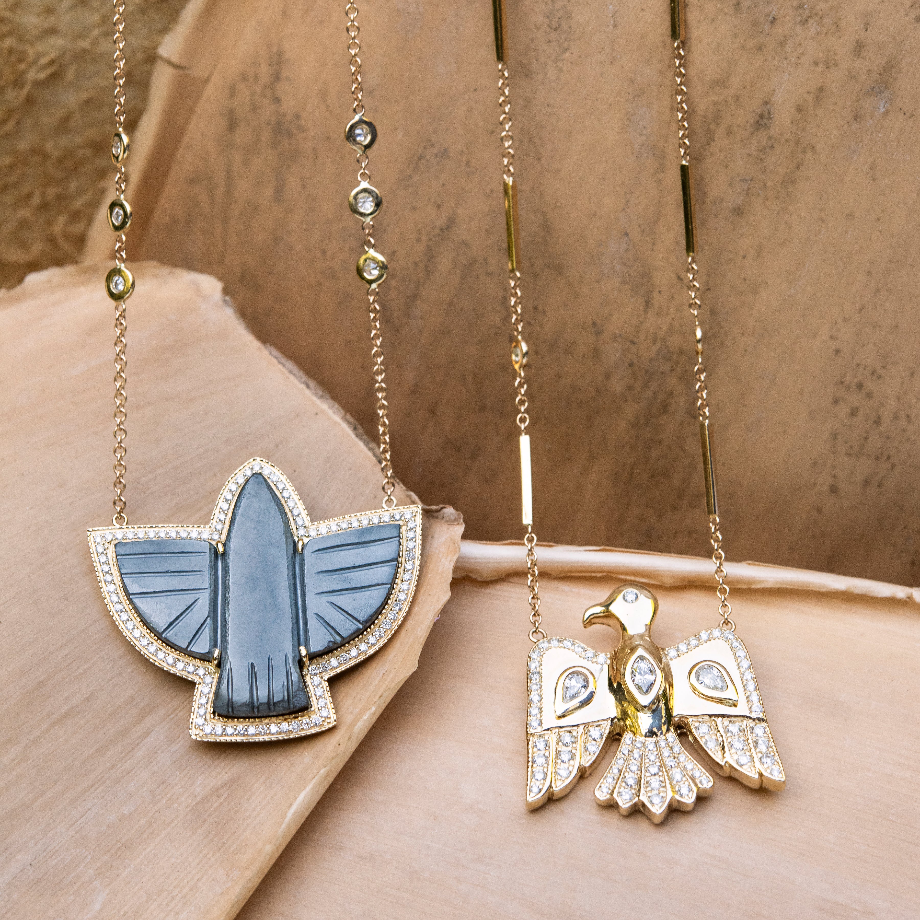 Pave Hematite Thunderbird 6 Diamond Necklace