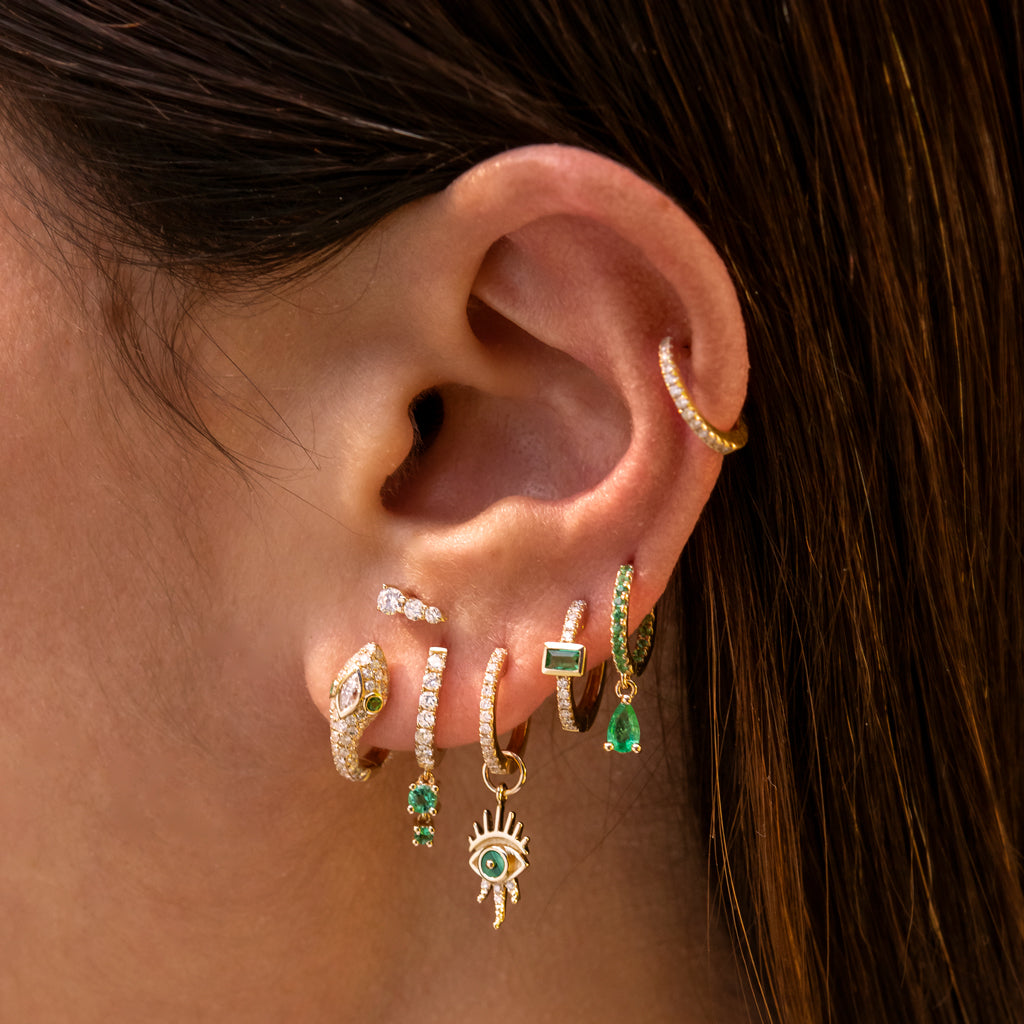 PAVE EMERALD + EMERALD TEARDROP MINI HOOP