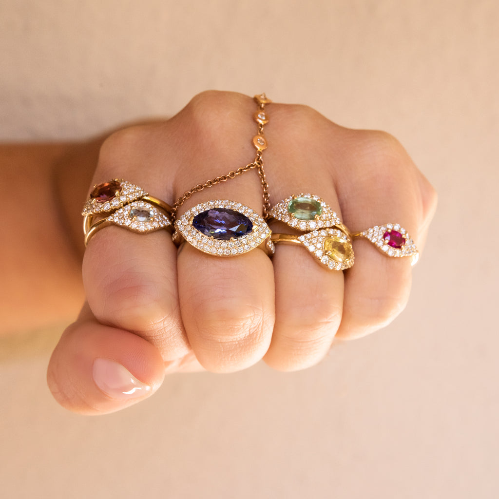 PAVE PINK TOURMALINE CENTER EYE RING
