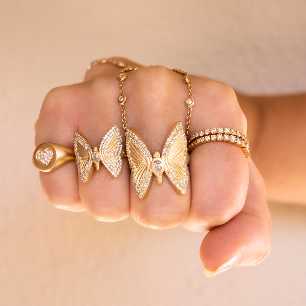Small Pave Teardrop Diamond Center Butterfly Ring