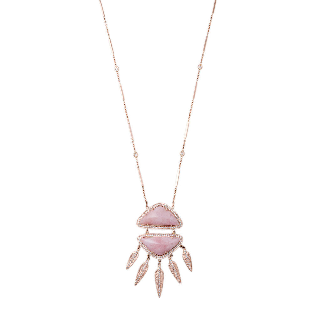 PAVE DOUBLE TRIANGLE PINK OPAL FEATHER SHAKER NECKLACE