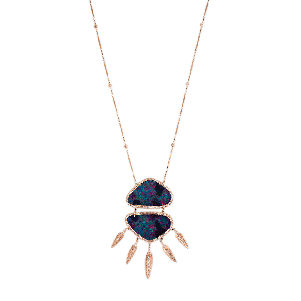 XL PAVE DOUBLE TRIANGLE OPAL FEATHER SHAKER NECKLACE