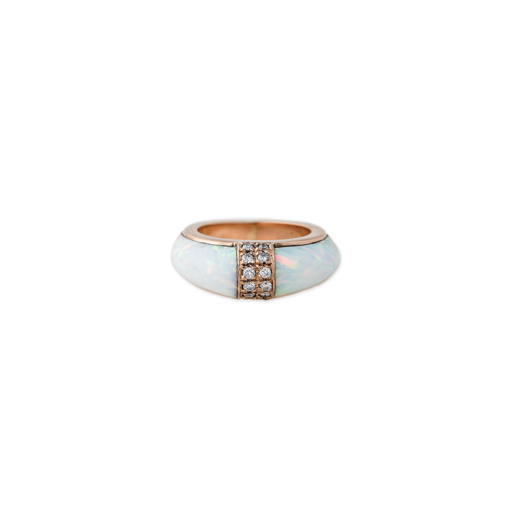 2 ROW PAVE WHITE OPAL INLAY DOME BAND RING