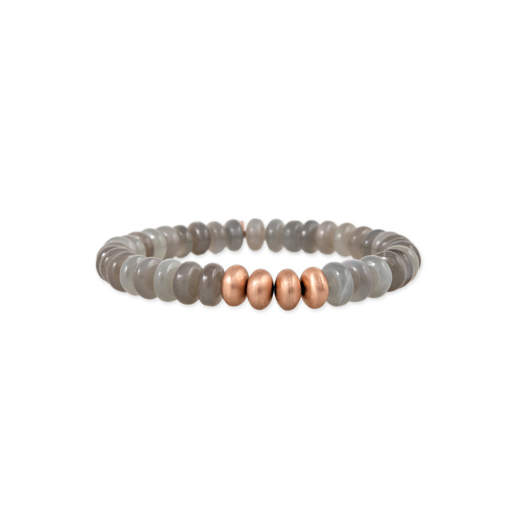 4 Satin Gold Beads + Grey Moonstone Beaded Stretch Bracelet