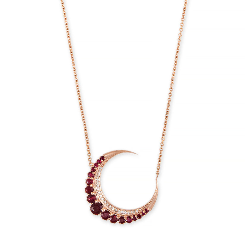 LARGE RUBY CRESCENT MOON NECKLACE