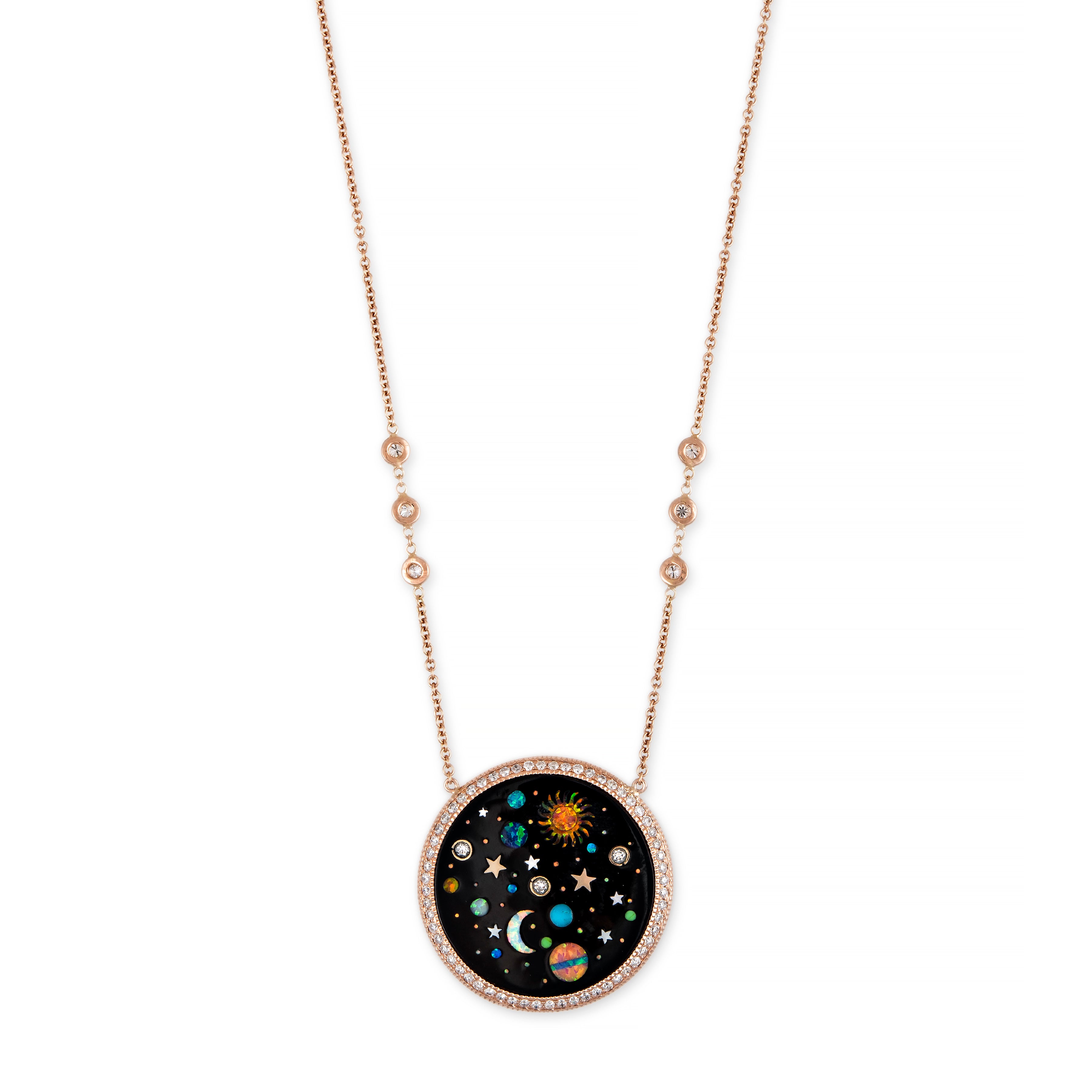 PAVE ROUND ONYX + OPAL STARRY GALAXY INLAY NECKLACE