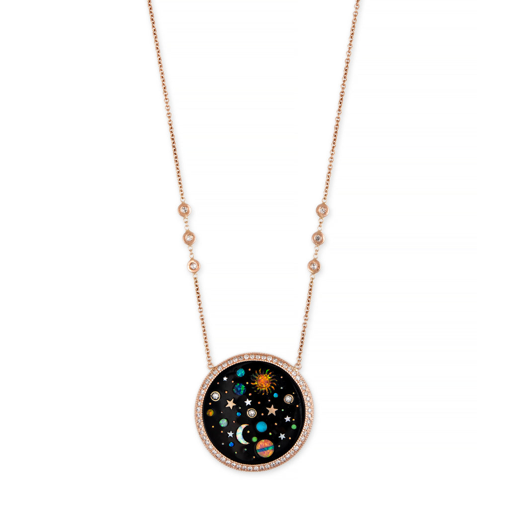 Pavé Round Onyx + Opal Starry Galaxy Inlay Necklace