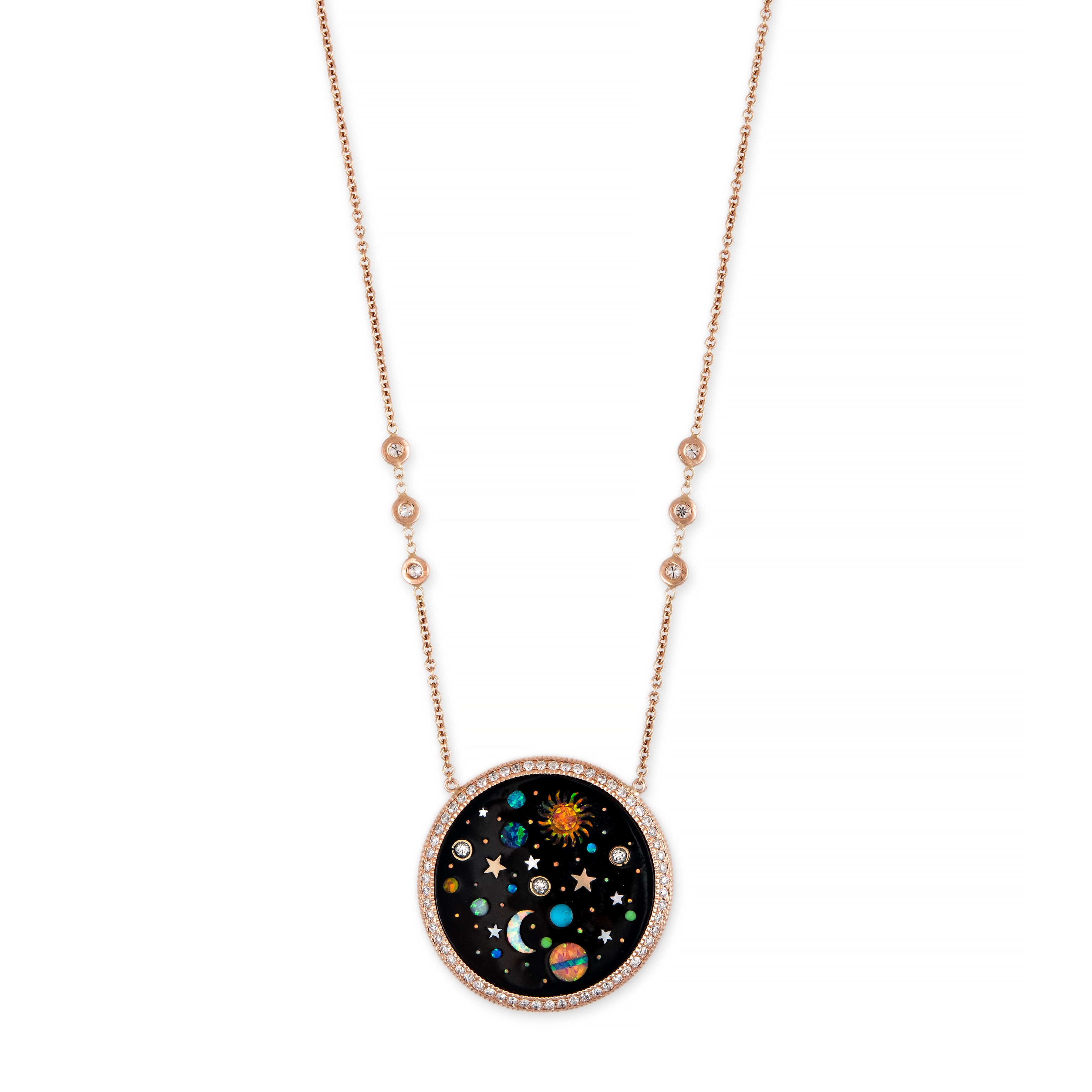 Pavé Round Onyx + Opal Starry Galaxy Inlay Necklace
